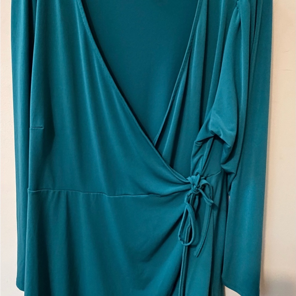 Torrid Wrap Blouse Womens 3 Teal Blue Side Tie Long Sleeve Peplum Top RN148862